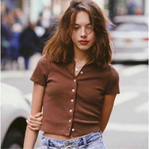 Brandy Melville Tops - Brandy Melville Womens Brown Caroline Short Sleeve Button Front Collared Top OS